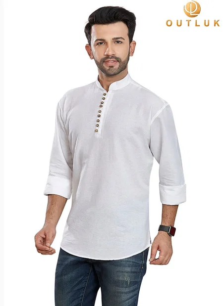 White Colour Outluk 56 Function Wear Heavy Pure Cotton Short Kurta Collection 56001